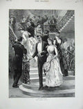 Original Old Antique Print 1890 Hopkins Fine Art Man Woman Romance Stairs House
