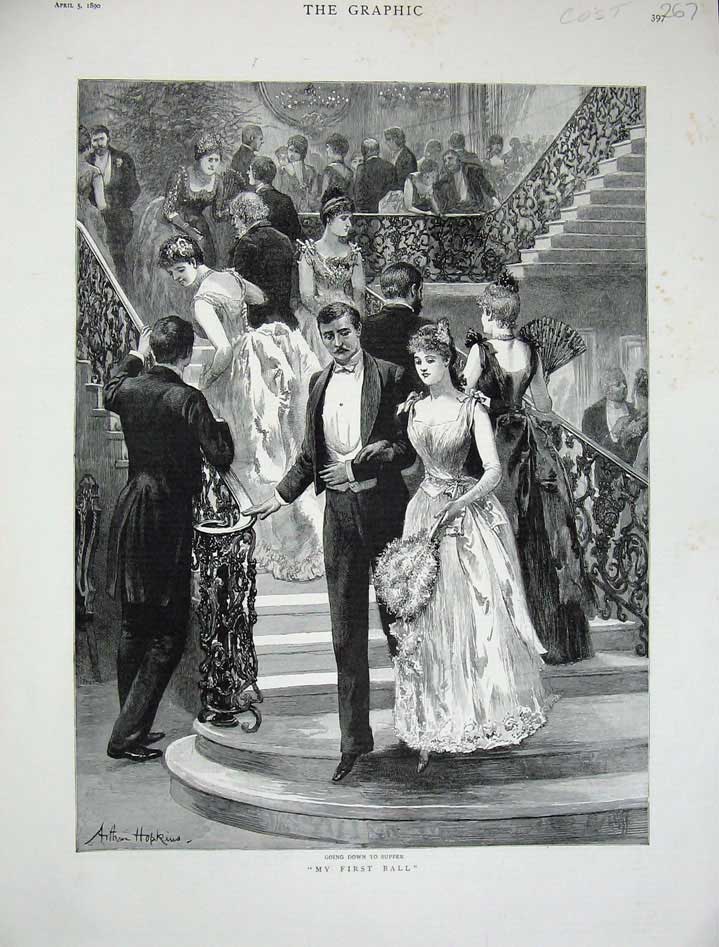 Original Old Antique Print 1890 Hopkins Fine Art Man Woman Romance Stairs House