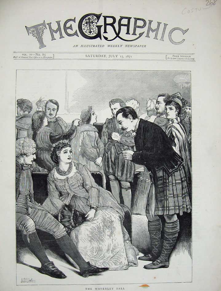 Original Old Antique Print 1871 Waverley Ball Men Kilt Women Romance Scottish