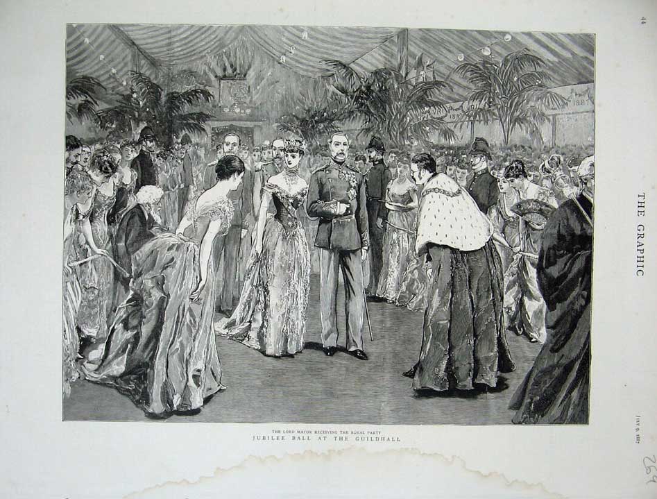 Original Old Antique Print 1887 Lord Mayor Jubilee Ball Guildhall Royal Party