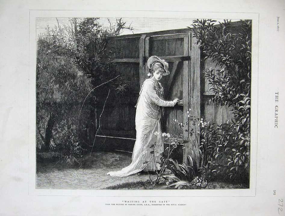 Old Antique Print 1877 Art Royal Academy Lady Woman Gate Garden Flowers 19th