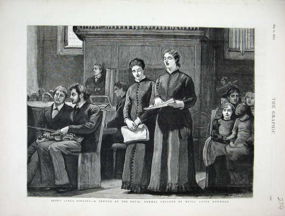 Original Old Antique Print 1877 Blind Girls Singing Royal College Music Norwood