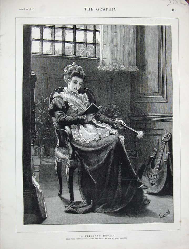 Old Antique Print 1877 Dudley Gallery Art Woman Lady Reading Book Chair 19th
