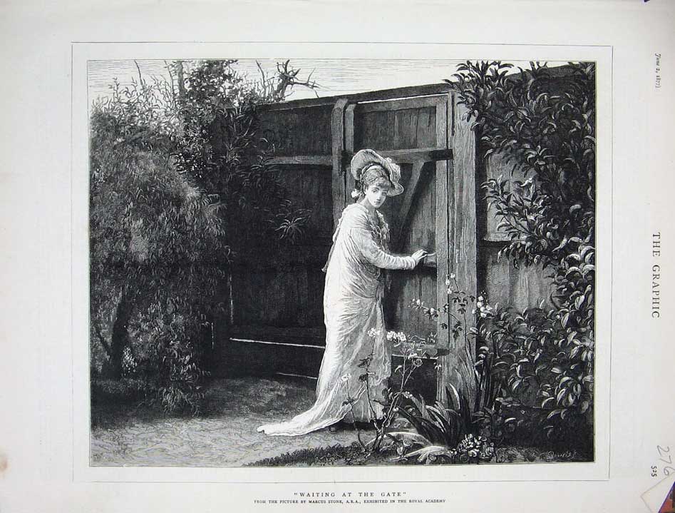Antique Print Ref.991 1877 Art Royal Academy Lady Woman Gate Garden Flowers