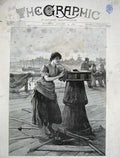 Old Antique Print 1889 Frank Cox Fine Art Lady Woman Pier Fishing Boats 19th