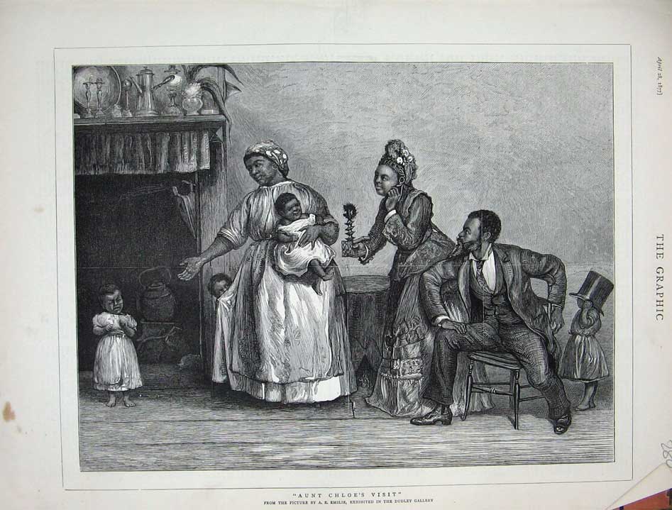 Old Antique Print 1877 Dudley Gallery Art Black Family Children Fireplace 19th