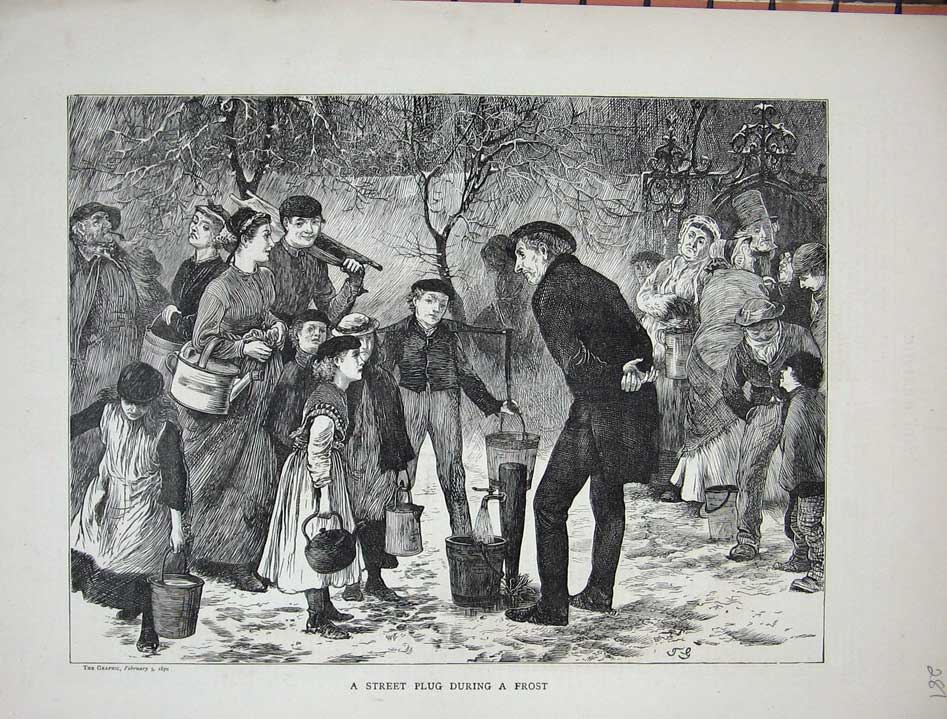 Old Antique Print 1870 Water Pump Frost Winter Bucket Kettle Children Art 19th
