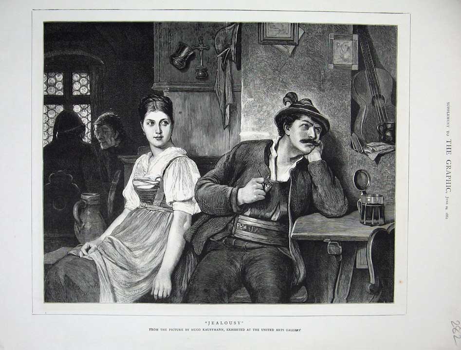 Original Old Antique Print 1882 Hugo Kauffmann Art Man Woman Jealousy Pipe Inn