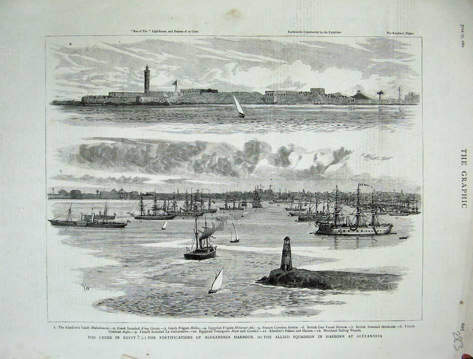 Old Antique Print 1882 Egypt Fortifications Alexandra Harbour War Ships 19th