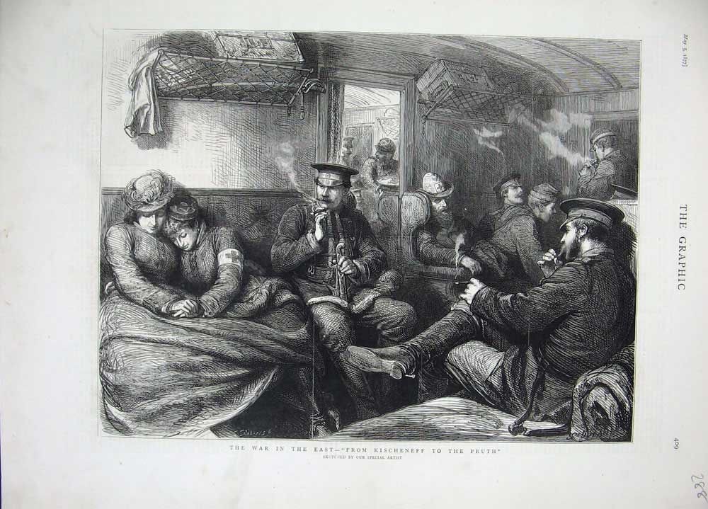 Original Old Antique Print 1877 War Train Seirs Kischeneff Pruth War Smoking