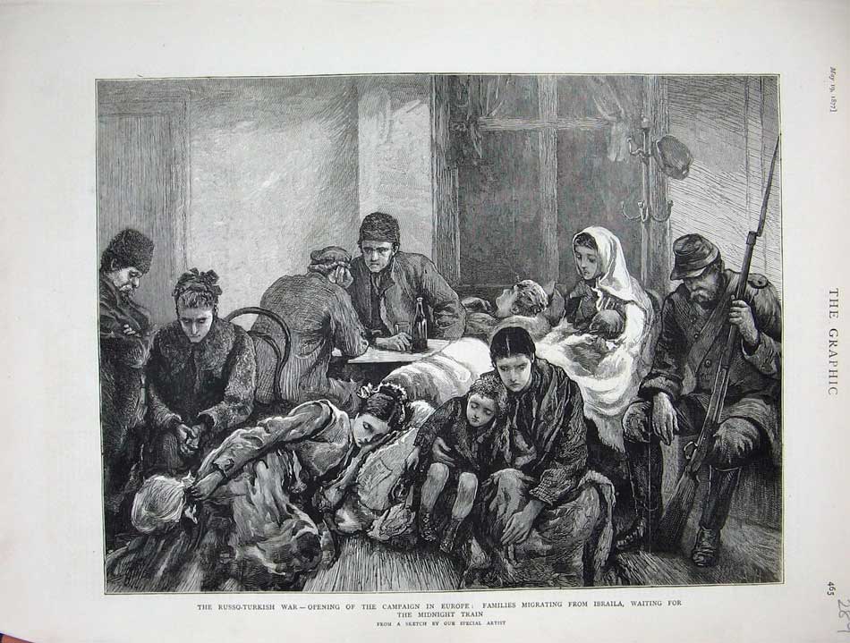 Old Antique Print 1877 Russo-Turkish War Families Ibraila Train Station 19th