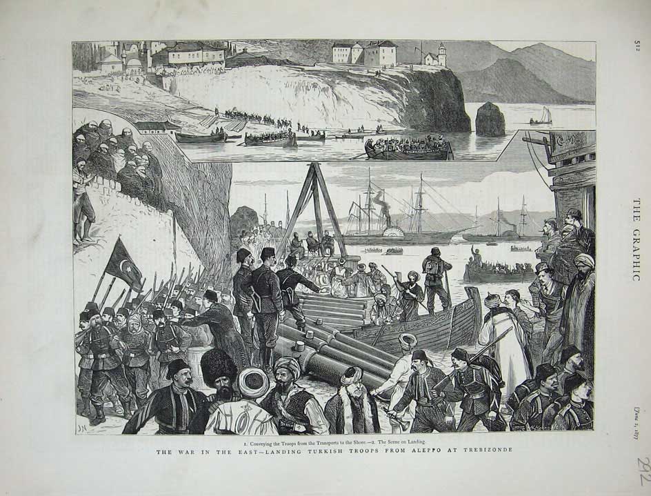 Original Old Antique Print 1877 War Turkish Troops Aleppo Trebizonde Ship Siers