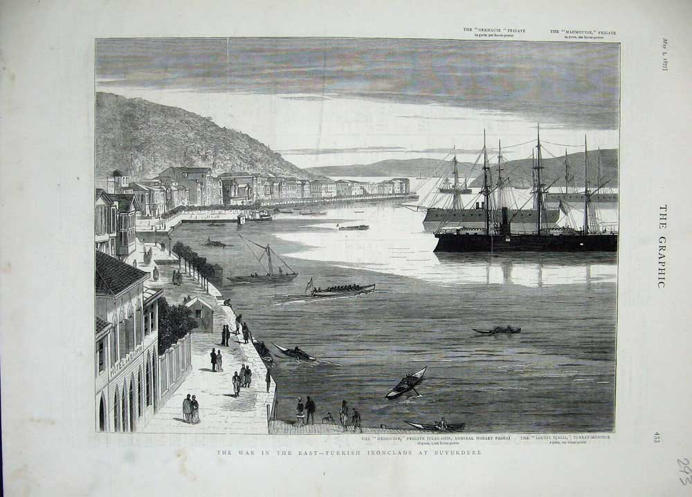 Old Antique Print 1877 War Turkish Ships Buyukdere Messouide Loutfi Pasha 19th