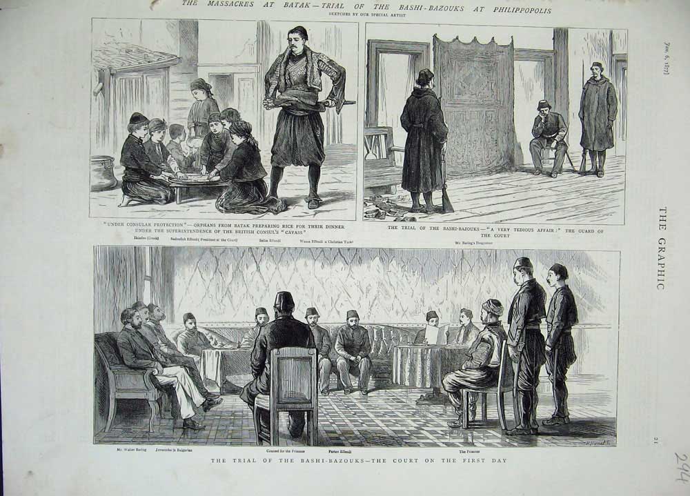 Original Old Antique Print 1877 Batak Court Bashi-Bazouks Philippopolis Effendi