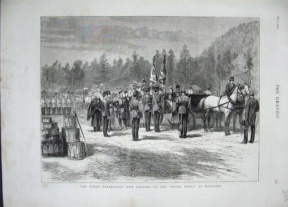 Old Antique Print 1876 Queen Colours Royal Scots Ballater Scotland Army 19th
