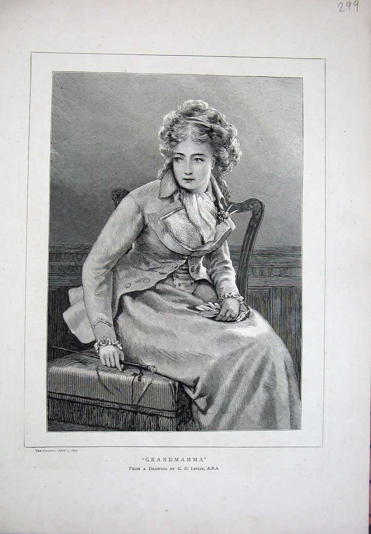 Original Old Antique Print 1870 Portrait Grandmamma Lady Woman Chair Victorian