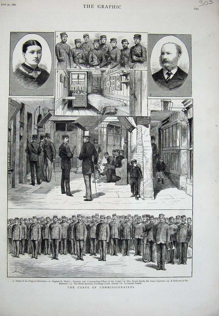 Original Old Antique Print 1880 Corps Commissionaires Walter Brook Smith Siers