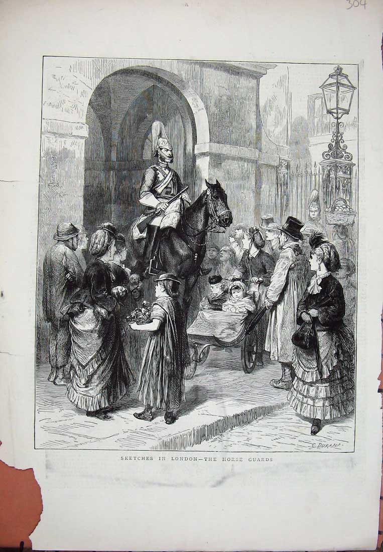 Original Old Antique Print 1872 London Horse Guards Buckingham Palace England
