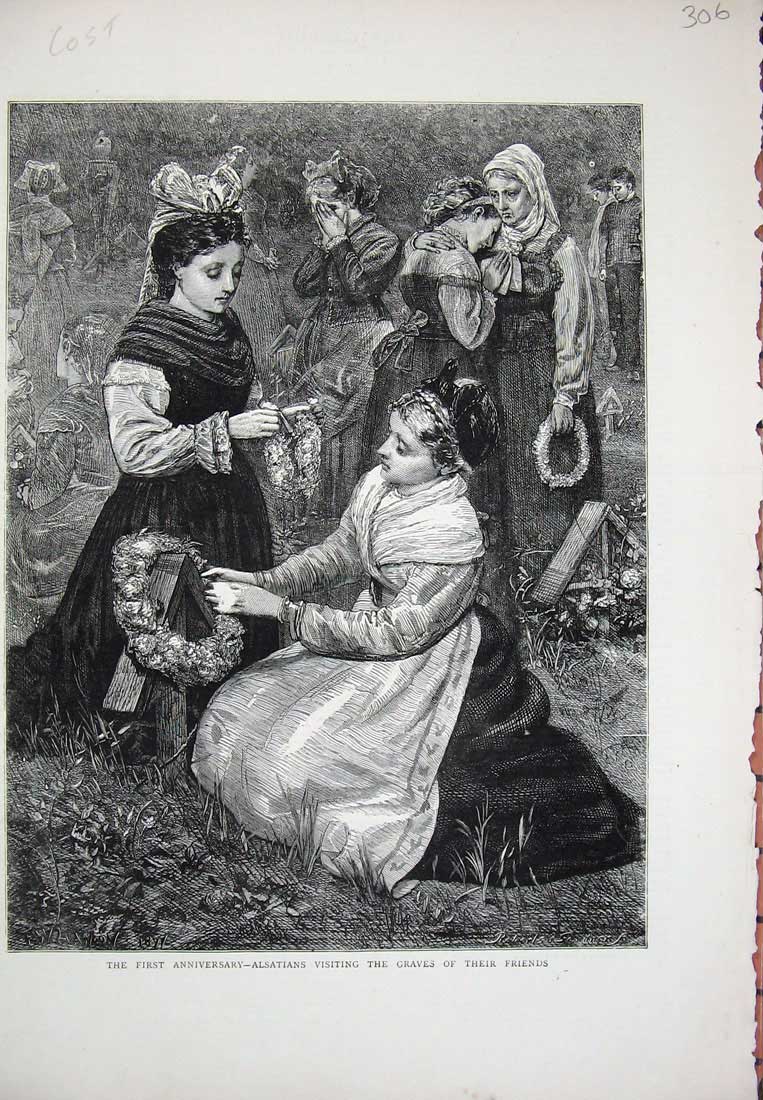 Original Old Antique Print 1871 Alsatians Graves Friends Women Flowers Fine Art