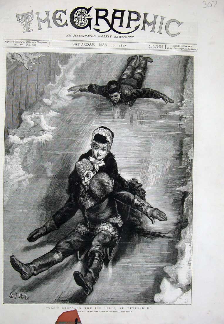 Original Old Antique Print 1877 Ice Side People St Petersburg Hills Russia Art
