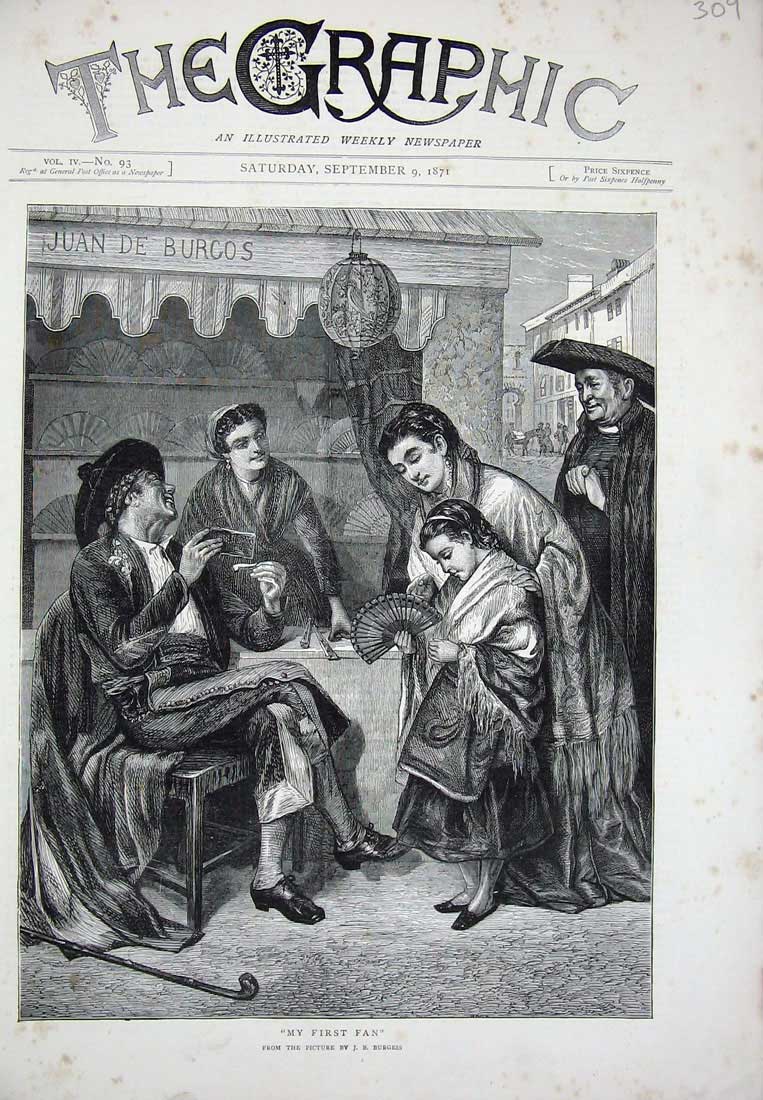 Old Antique Print 1871 Burgess Fine Art Fan Seller Street Market Fine Art 19th