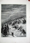 Old Antique Print 1870 Snow Tobogging Canada Sledge Winter Children Art 19th