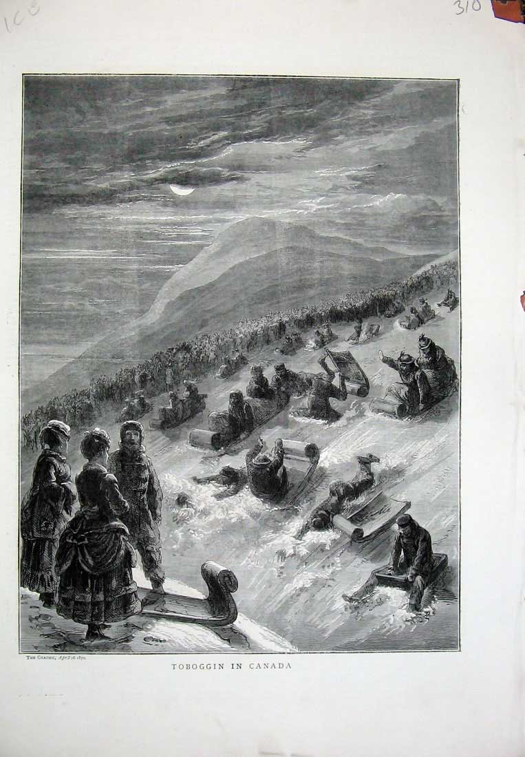 Old Antique Print 1870 Snow Tobogging Canada Sledge Winter Children Art 19th