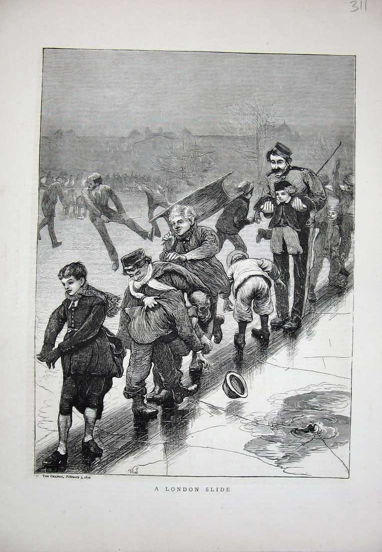 Old Antique Print 1870 London Slide Ice Skating Children Winter Fine Art 19th