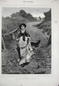 Original Old Antique Print 1878 Fine Art Lady Woman Country Lane Dog Man 19th