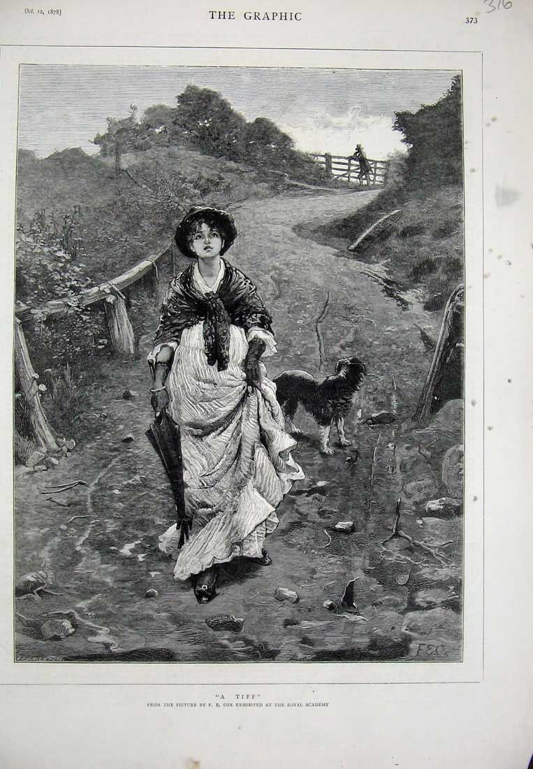 Original Old Antique Print 1878 Fine Art Lady Woman Country Lane Dog Man 19th