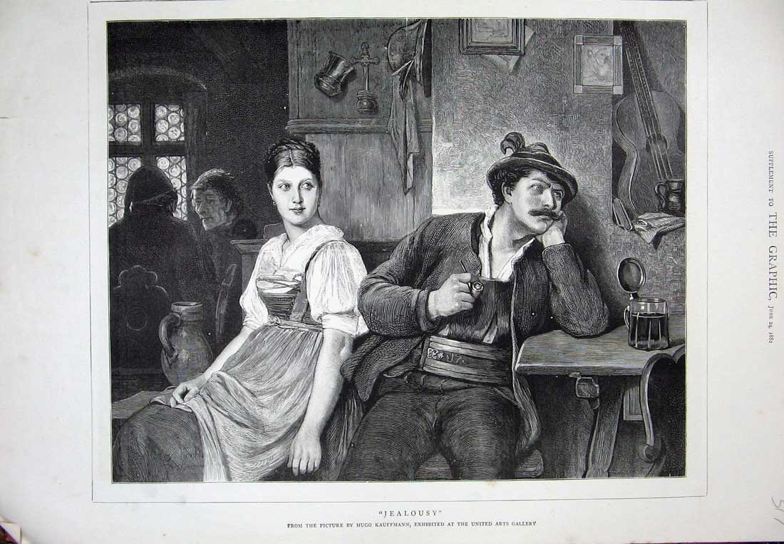 Original Old Antique Print 1882 Hugo Kauffmann Art Man Woman Inn Smoking Pipe
