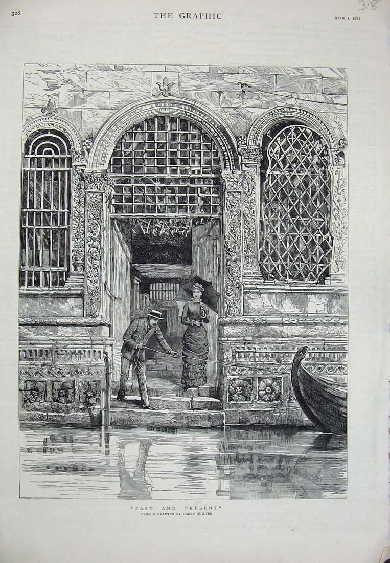 Original Old Antique Print 1882 Harry Quilter Canal Boat Man Woman Romance 19th