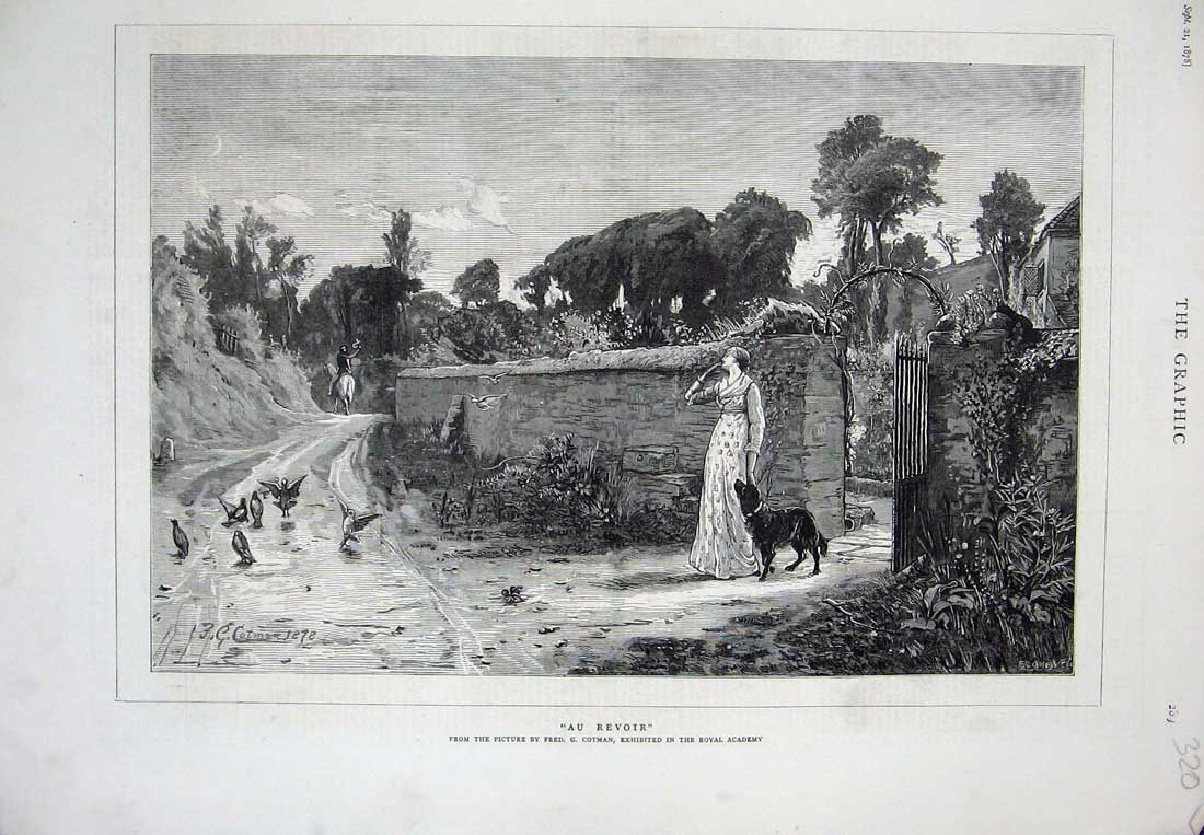 Old Antique Print 1878 Cotman Fine Art Man Horse Lady Romance Dog Birds 19th
