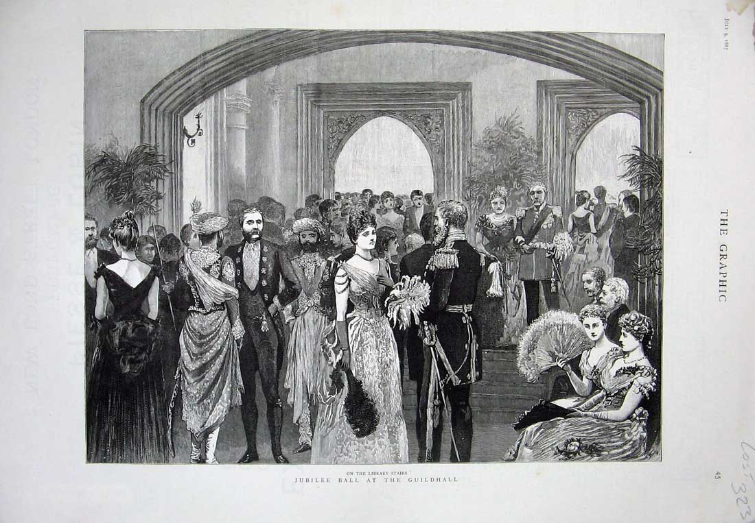 Original Old Antique Print 1887 Jubilee Ball Guildhall London Men Women Dancing