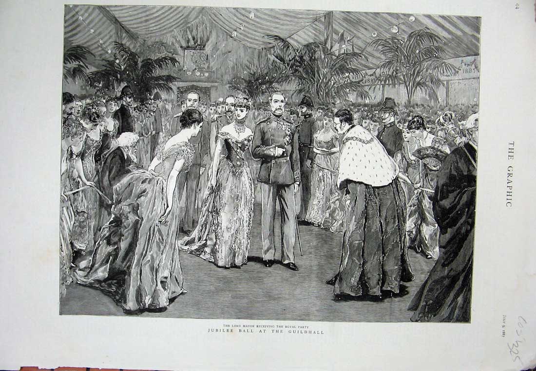 Old Antique Print 1887 Jubilee Ball Guildhall Lord Mayor Royal Party Art 19th