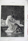 Original Old Antique Print 1877 Fine Art Percy Macquoid Lady Dog Letter Book
