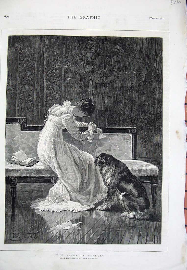 Original Old Antique Print 1877 Fine Art Percy Macquoid Lady Dog Letter Book