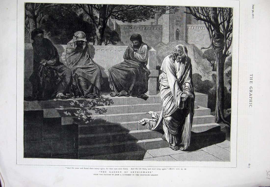 Old Antique Print 1877 Garden Gethsemane Cuthbert Grosvenor Gallery Art 19th