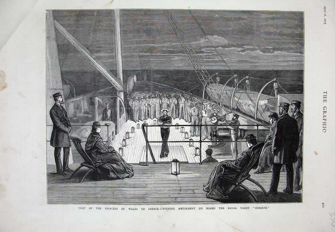 Old Antique Print Princess Wales Greece 1877 Royal Yacht Osborne Ship Art 19th