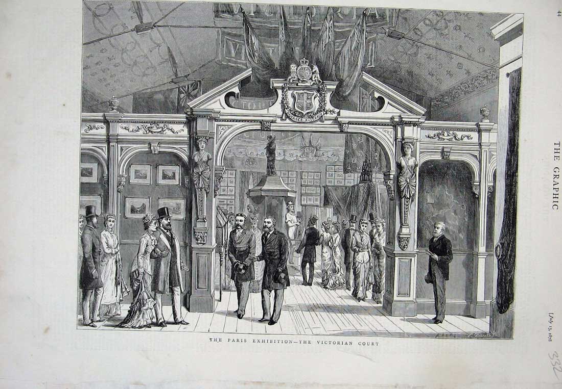 Original Old Antique Print 1878 Paris Exhibition Court Flags Paintings 19th