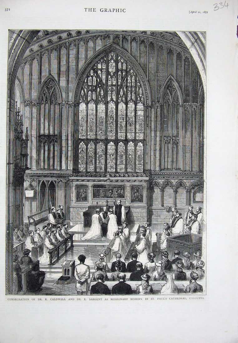 Old Antique Print 1877 Caldwell Sargent Bishops Cathedral Calcutta Church 19th