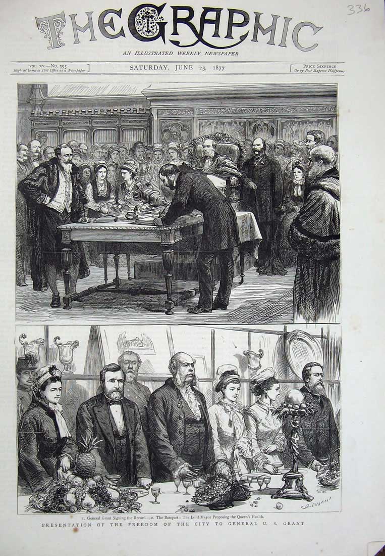Original Old Antique Print 1877 Freedom City General Grant Banquet Presentation