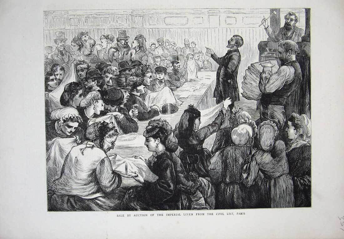 Original Old Antique Print 1871 Auction Sale Imperial Linen Civil List Paris