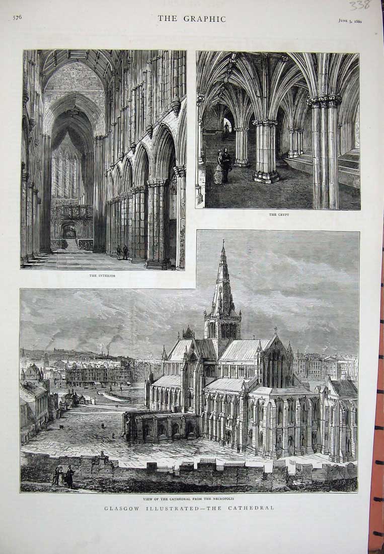 Old Antique Print 1880 Glasgow Scotland Cathedral Necropolis Architecture 19th