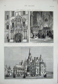 Original Old Antique Print 1876 Edinburgh Fettis College Giles Church Hospital