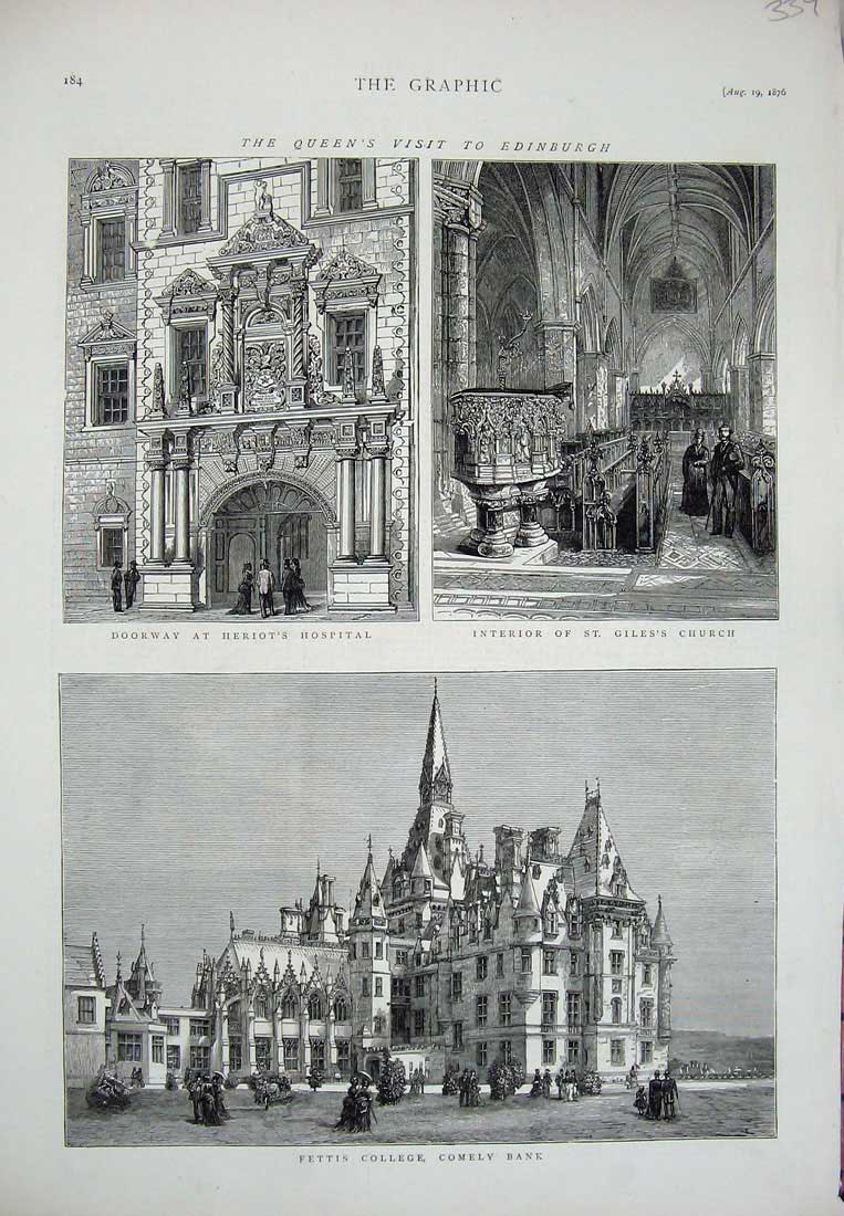Original Old Antique Print 1876 Edinburgh Fettis College Giles Church Hospital