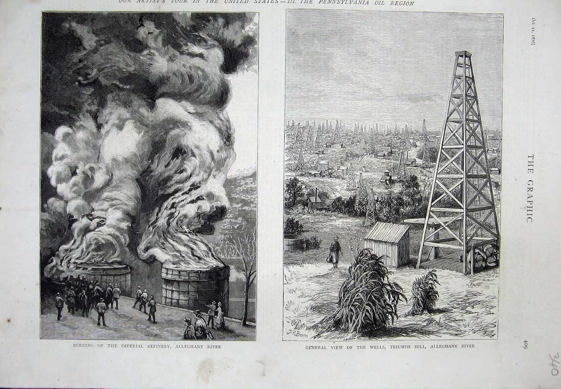 Old Antique Print 1876 Imperial Refinery Alleghany River Oil Well Triumph 19th