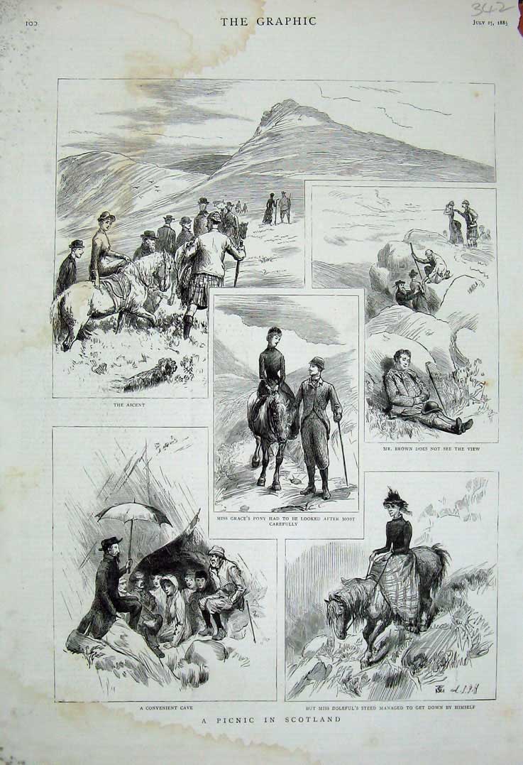 Original Old Antique Print 1885 Picnic Scotland Grace Brown Doleful Horse Pony