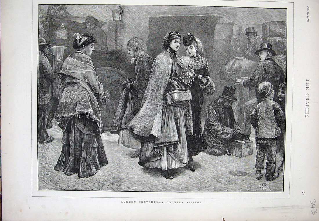 Old Antique Print 1873 London Street Scene Lady Flowers Horse Coach Art 19th