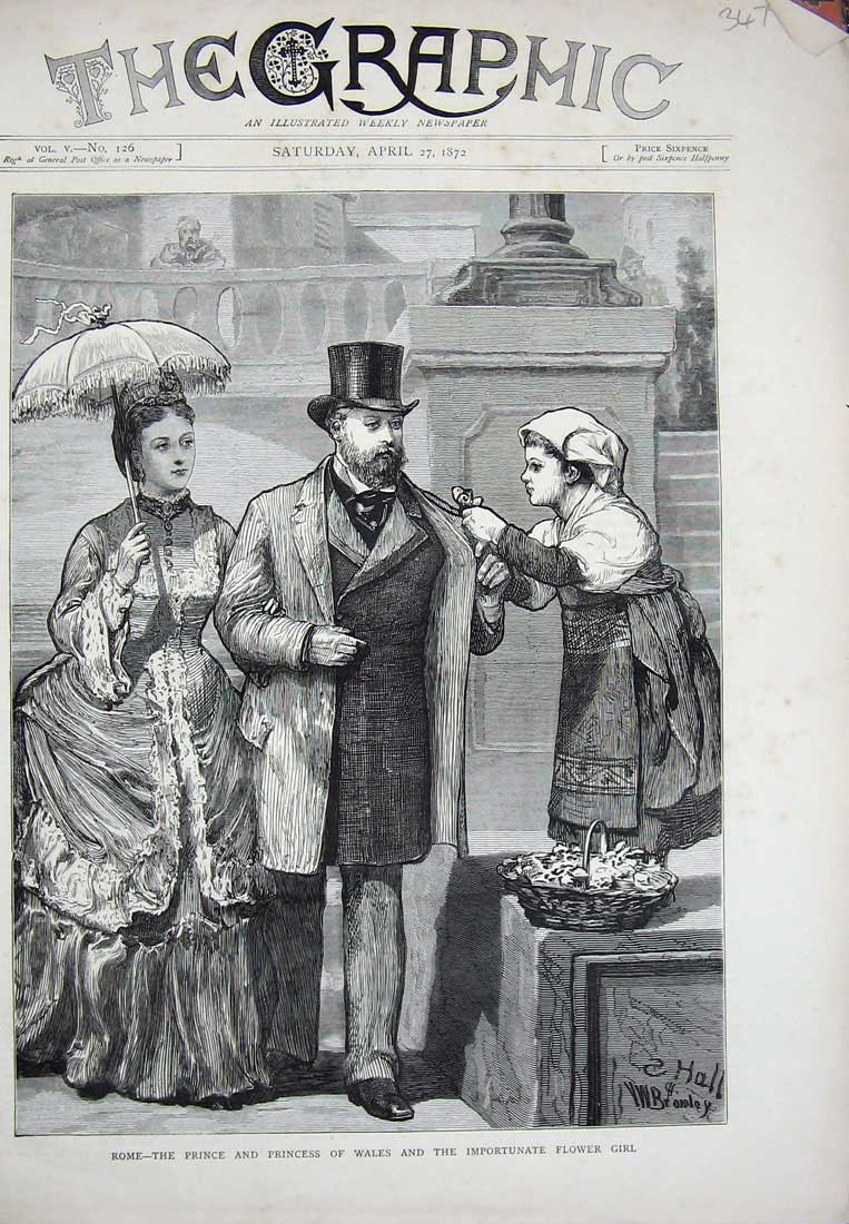 Old Antique Print 1872 Rome Prince Wales Importunate Flower Girl Fine Art 19th